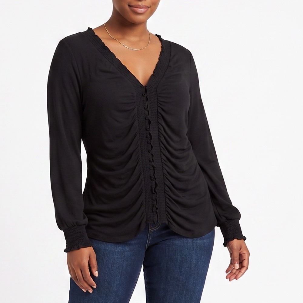 Attention Blouse Womens XXL Ruched Front Black V-Neck Smocked Cuff Excellent